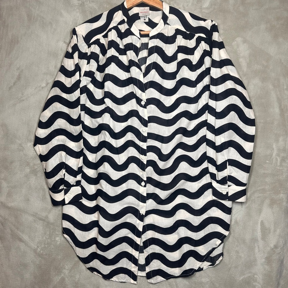 Hanna Andersson XS Tunic Top Blouse Button Up Shirt Black White Wave Print